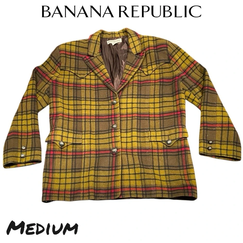 VTG 90s Banana Republic Plaid Wool Blazer Jacket‎ Western Style Mens MED Yellow